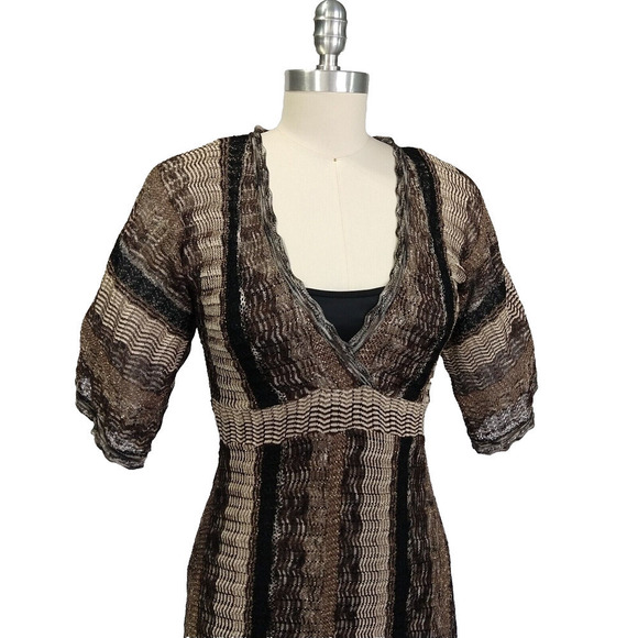Vintage Y2K Knit Sweater Dress Size S Striped Metallic INC V Neck Brown Black - Picture 2 of 6